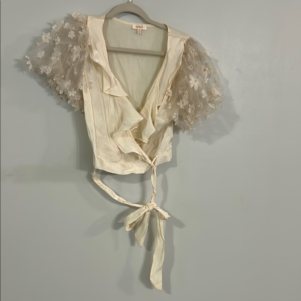 Cream Floral Lace Wrap Top